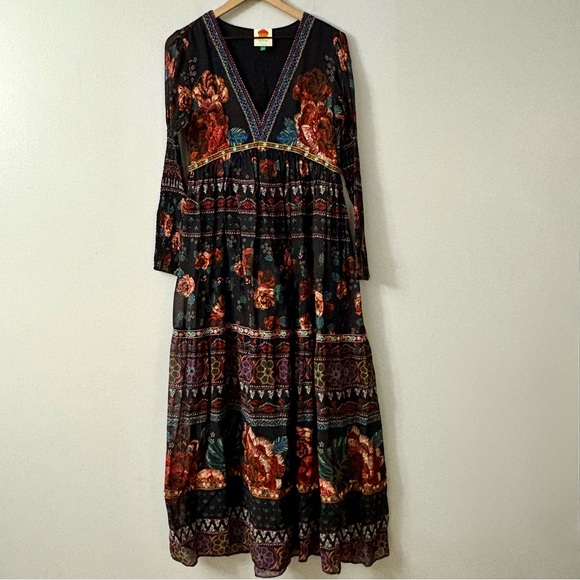 FARM Rio Dresses & Skirts - FARM Rio Floral Maxi Dress Tapestry Tropical Tiered Smocked Sleeve